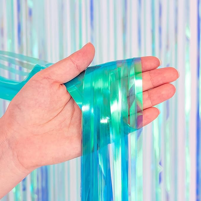 BRAVESHINE Iridescent Blue Foil Fringe Backdrop - 2 Pack 3.2x6.5 ft Holographic Tinsel Streamers Curtains for Christmas/Frozen/Winter’s Snowflake/Birthdays/Mermaid/Sea/Baby Party Decorations