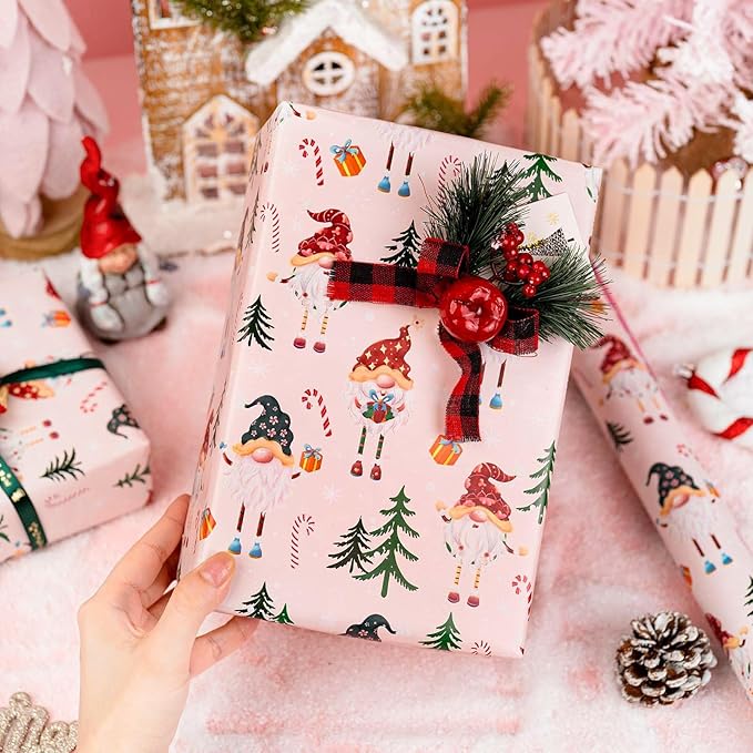 MAYPLUSS Christmas Wrapping Paper - 17 Inch X 33 Feet - Metallic Gift Wrapping Paper Christmas Tree Holly Cute Gnome Candy Cane Snowflakes Reversible Polka Dot for Holiday Party New Year Kids
