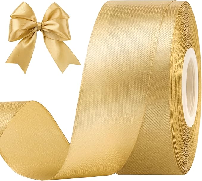 1-1/2 Inches 50 Yards Champaign Gold Satin Ribbon, Solid Fabric Ribbon Roll for Flower Bouquets, Gift Wrapping, Wedding, Handmade Crafts
