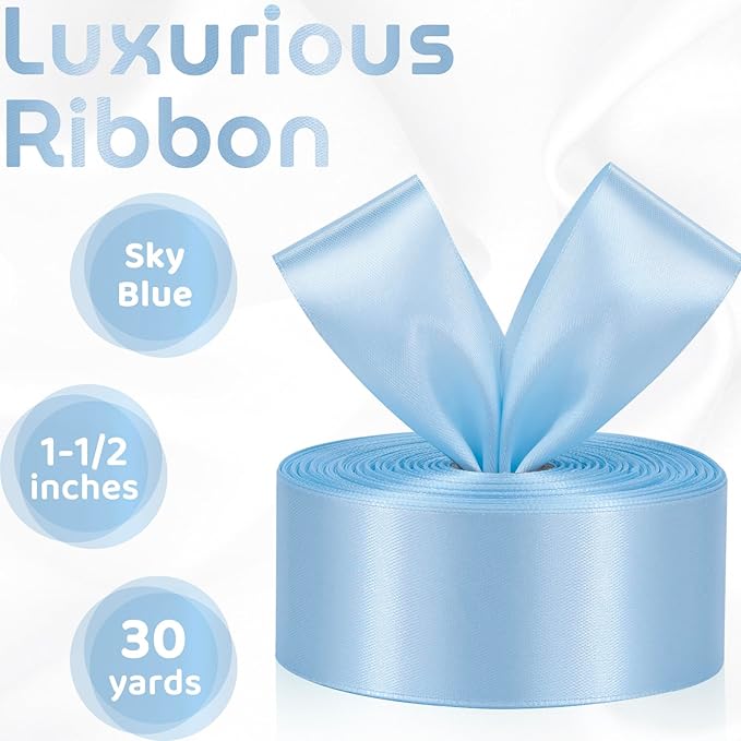 Light Blue Ribbon 1-1/2 Inch 30 Yards Baby Blue Satin Ribbon for Flower Bouquet, Fabric Ribbon for Gift Wrapping Crafts Baby Shower Wedding Christmas