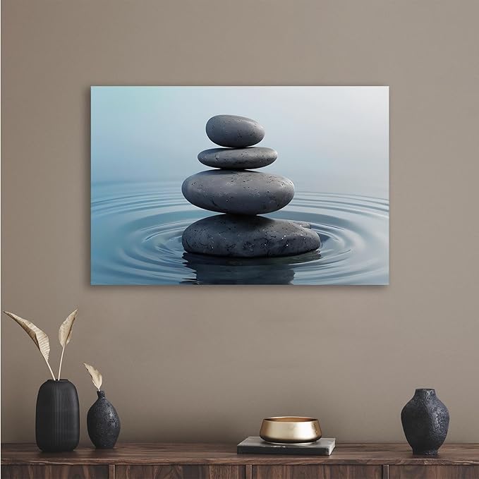 Zen wall art Harmonious grey stones stacked on a calm surface of water Serene Zen decor suitable for tranquil homes and spaces of meditation 8x12in Wood Framed