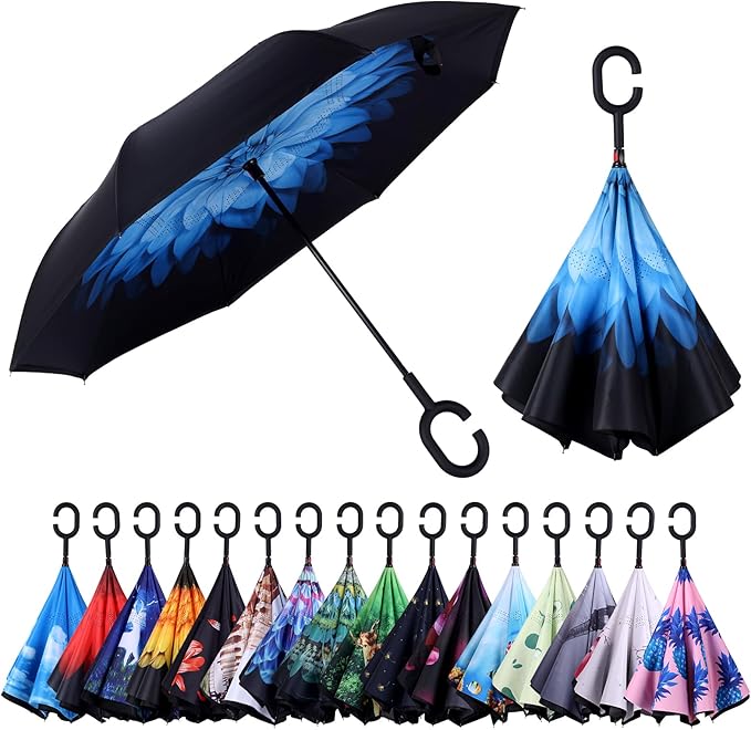 Inverted Umbrella, 49 Inch Double-Layer Vented Reverse Umbrella, Windproof Waterproof UV Protection, Lightweight C-Handle, Fiberglass Ribs, Steel Shaft, Travel/Commute/Car Use, With Sleeve