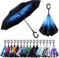 Inverted Umbrella, 49 Inch Double-Layer Vented Reverse Umbrella, Windproof Waterproof UV Protection, Lightweight C-Handle, Fiberglass Ribs, Steel Shaft, Travel/Commute/Car Use, With Sleeve