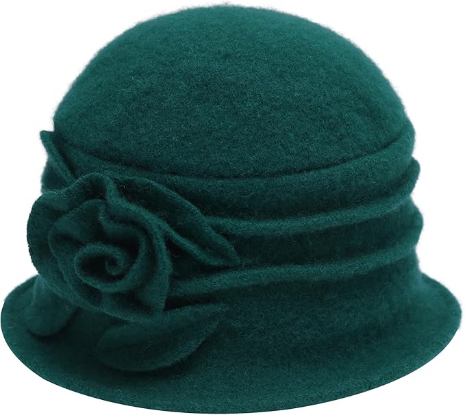 ZLYC Women Wool Cloche Bucket Hat 1920s Vintage Dress Winter Hats with Flower Accent
