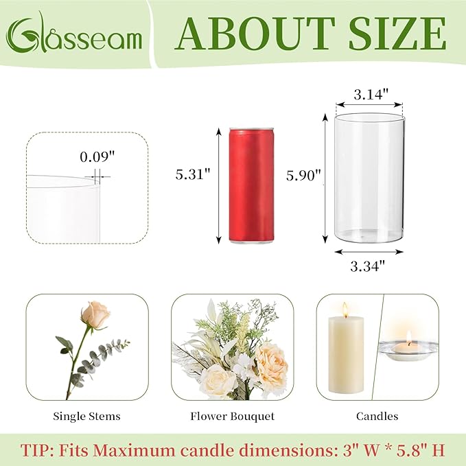 Glasseam Cylinder Vases for Centerpieces, Set of 6 Clear Glass Vases for Flowers, Modern Small Floating Candle Vase Decor, Decorative Hurricane Candle Holders for Home Wedding Table Decorations, 6in