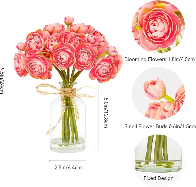Ranunculus Artificial Flowers with Vase, 2 Pack - 8 Pcs Faux Silk Ranunculus Flower in Vase, Small Flowers Arrangements for Home Decor Indoor, Table Centerpiece. (Coral)