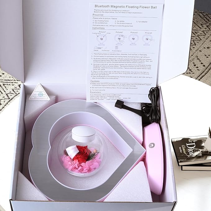 LoveLin Heart Preserved Rose Flowers with Bluetooth Speakers, 5W Pink Magnetic Levitation Table Lamp with Variable Color LED Light, Unique Forever Flower Gift for Women, Girls, Mother and Grandma