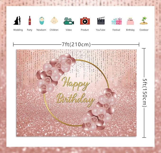 Pink Rose Gold Happy Birthday Backdrop Glitter Rose Gold Floral Balloon Bokeh Photography Background Girls Lady Sweet 16th 21th 30th Birthday Party Cake Table Photo Props 7x5FT