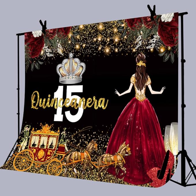 Red Dress Rose Flower Backdrops Quinceanera Birthday Backdrop for Girl Princess Happy 15th Bday Carriage Photography Props Cake Table Banner 8x6ft BJLSLU304