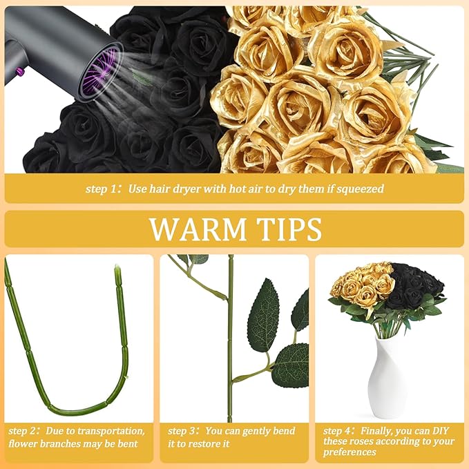 30pcs Fake Roses Artificial Silk Flowers Long Stems Bouquet for Wedding Bridal Shower Party Home Decoration (Black + Gold)