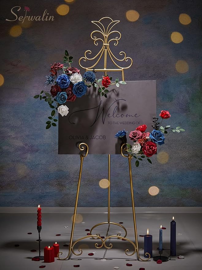 Serwalin Artificial Burgundy Flowers, Blue Fake Silk Flowers for DIY Wedding Bridal Bouquets, Cake Flowers for Table Centerpieces Baby Shower Birthday Party Home Decorations