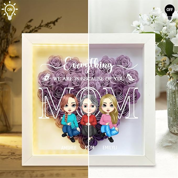 Personalized Mom Flower Shadow Box with LED Light Custom Heart Shaped Rose Flower Shadow Box Frame From The Start Best Friends Forever From The Heart Mother's Day Portrait Shadowbox Memory Gifts