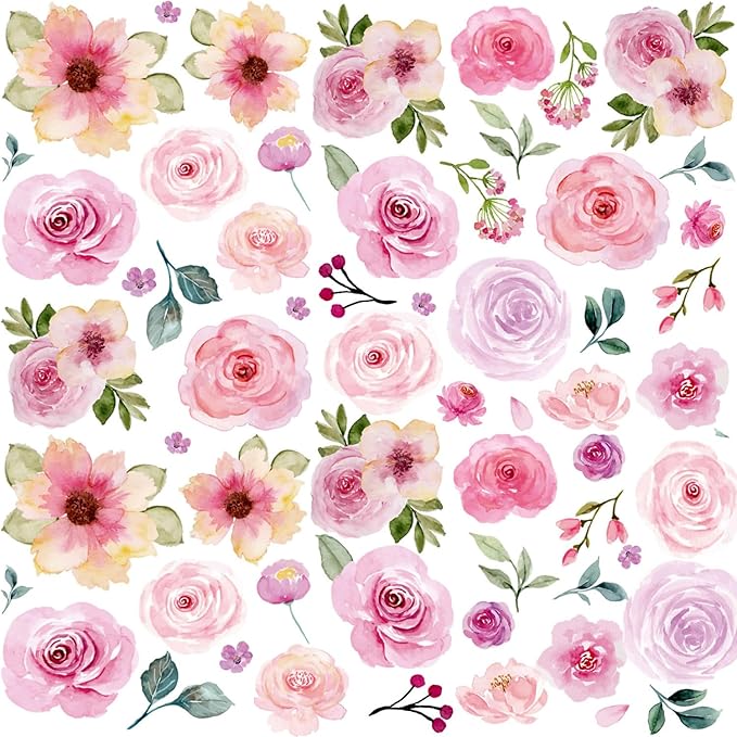 Floral Wall Decals Peel and Stick | 60PCS Watercolor Peony Flower & Leaves Stickers | Removable Vinyl Wall Art for Girls Bedroom, Nursery, Living Room | Pastel Home Decor