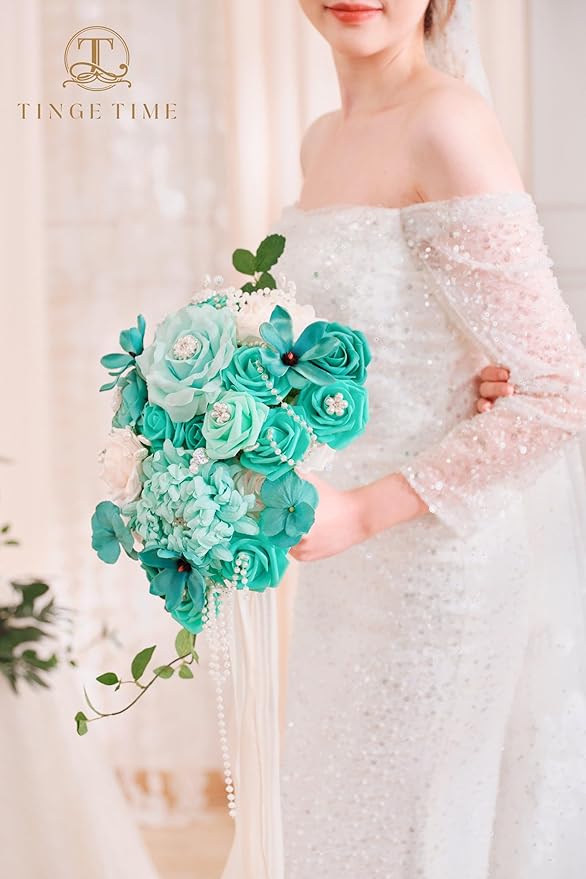 TINGE TIME 11 Inch Wedding Bouquets for Bride, Teal Green & Champagne Artificial Flowers Bouquet, Brides & Bridesmaids Bouquet for Wedding Anniversary Ceremony Bridal Shower Decorations