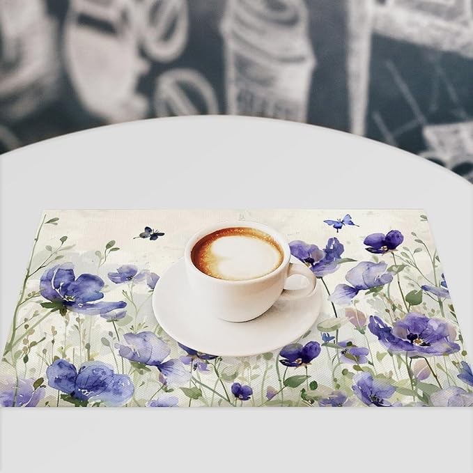 Farmhouse Flowers Placemats Set of 4 Butterfly Lavender Floral Plants Flower Leaves Placemats Rustic Floral Waterproof Washable Table Placemats for Dining Kitchen Decoration 4 PCS