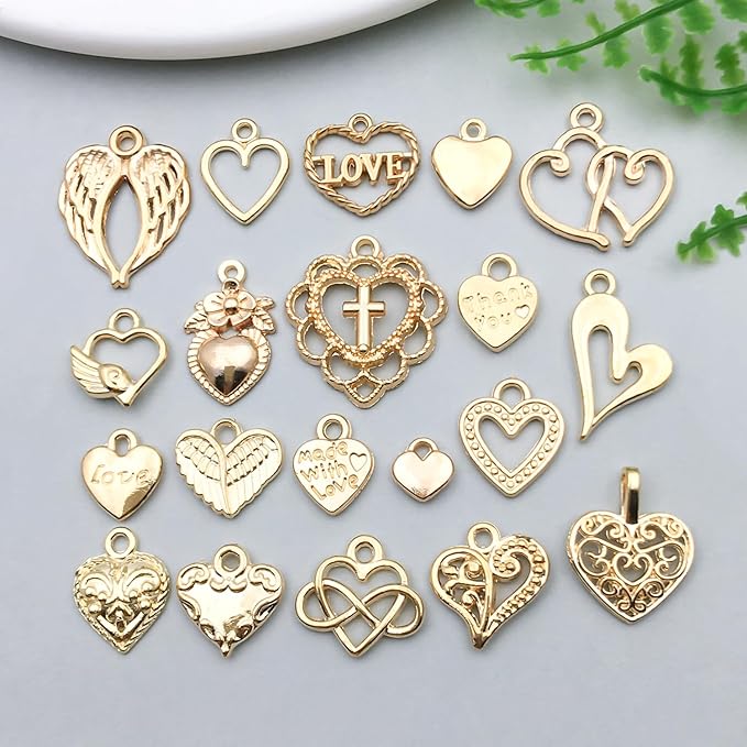 WOCRAFT 60pcs KC Gold Heart Valentine's Day Wedding Charms Bracelet Charms for Jewelry Making Sets DIY Necklace Bracelet Keychain Crafting Charms Kit Craft Supplies (SN920)