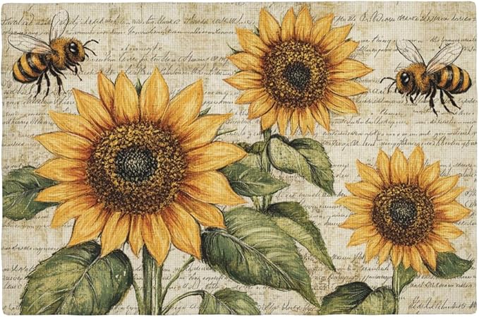 Vintage Sunflower Bee Placemats Set of 6 Washable Table Mats Rustic Spring Summer Floral Heat-Resistant Cotton Linen Place Mats for Dining Table Kitchen Indoor Outdoor Party Holiday Decor