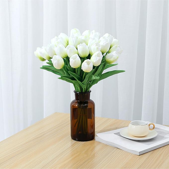 SITUMEIZI 15pcs Green Tulips Fake Artificial Flowers Real Touch 14" Silk Flower for Home Decor Spring Easter Wedding Bouquet Decorations Floral Arrangements(Green)