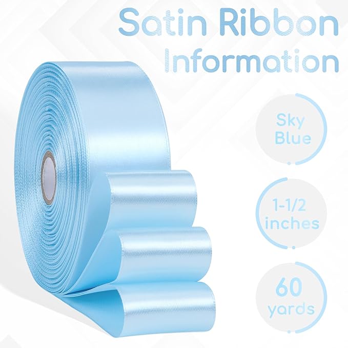 Baby Blue Satin Ribbon 1-1/2 Inch 60 Yards, Light Blue Polyester Fabric Ribbons for Gift Wrapping, Baby Shower, Crafts, Floral Arrangement, Baby Bridal Shower