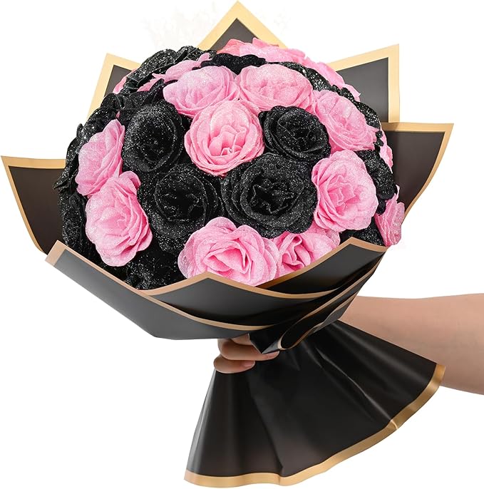 Waipfaru Glitter Roses Bouquet, DIY Black & Pink Halloween Flowers Bouquet, Artificial Fake Rose Bouquet for Halloween, Wedding, Anniversary, Engagement, 24 Rose