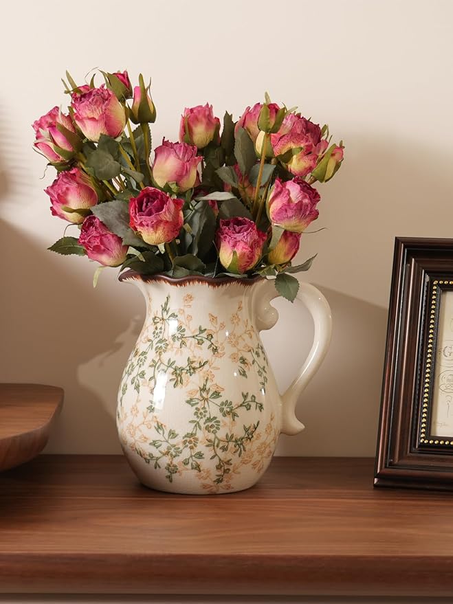 Vintage Ceramic Vase - 8.2 Inch Hand-Painted Flowers with Ice Crackle Glaze Finish, American Farmhouse Style Pitcher Vase for Home Decor, Centerpiece, Shelf, Table, Office