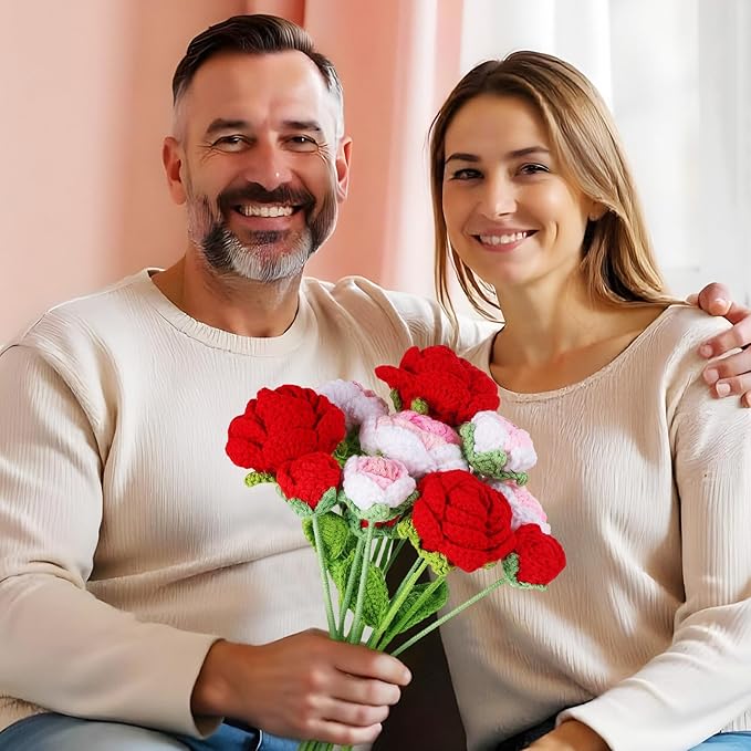 YoungJoy 12 Pcs Crochet Rose Handmade Knitted Flowers Tulip Sunflower Daisy Heart Artificial Knitted Floral Mother Day Graduation Home Decor(Mixed Red Pink Rose)