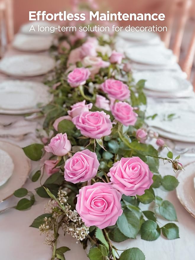InnoGear Artificial Flowers, 50 Pcs Pink Foam Fake Roses Bulk with Stems for Decoration DIY Wedding Bouquets Centerpieces Bridal Shower Party Valentines Christmas Tree