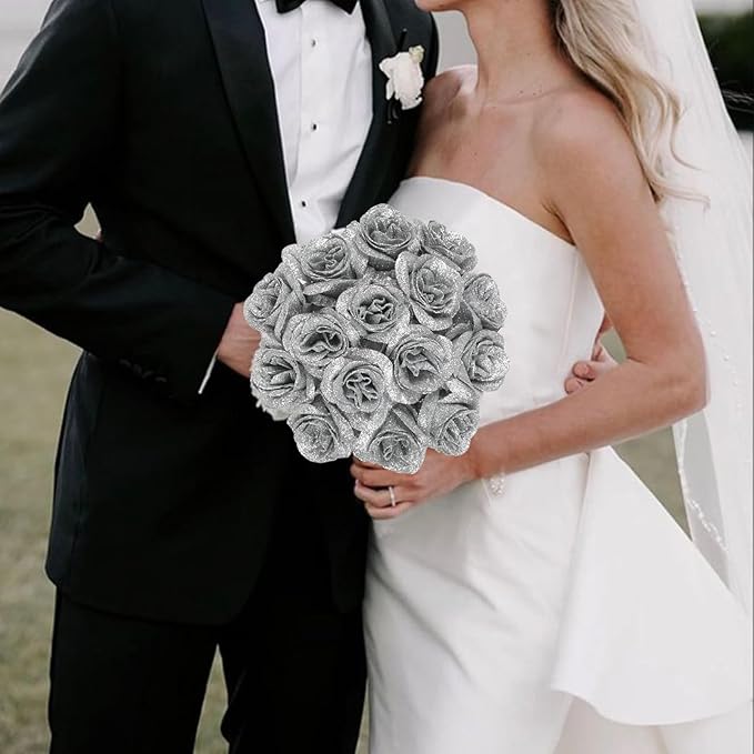 30PCS Silver Roses Artificial Flowers Fake Glitter Roses Silk Flower for DIY Crafts Wedding Bouquet Party Home Decor(Silver)
