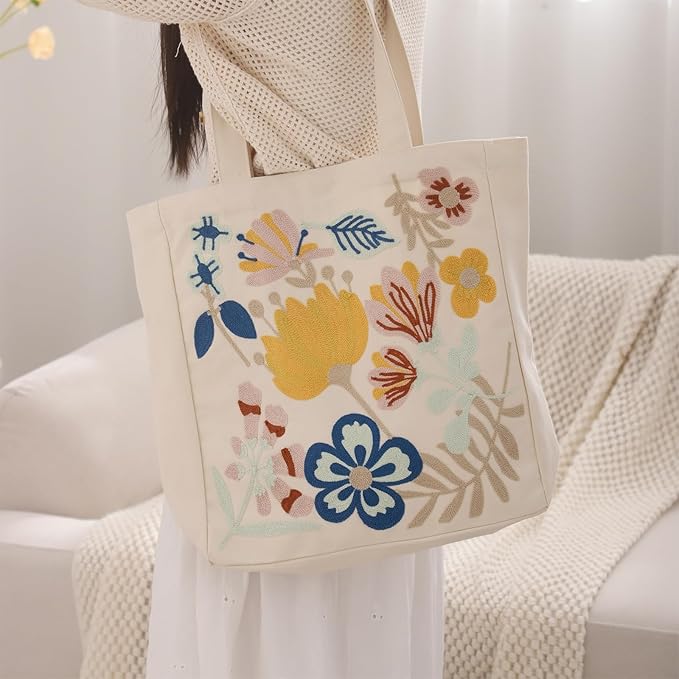 Aesthetic Embroidery Tote Bag for Lady Cute Reusable Canvas Shoulder Bag for Girls Women Shopping Grocery