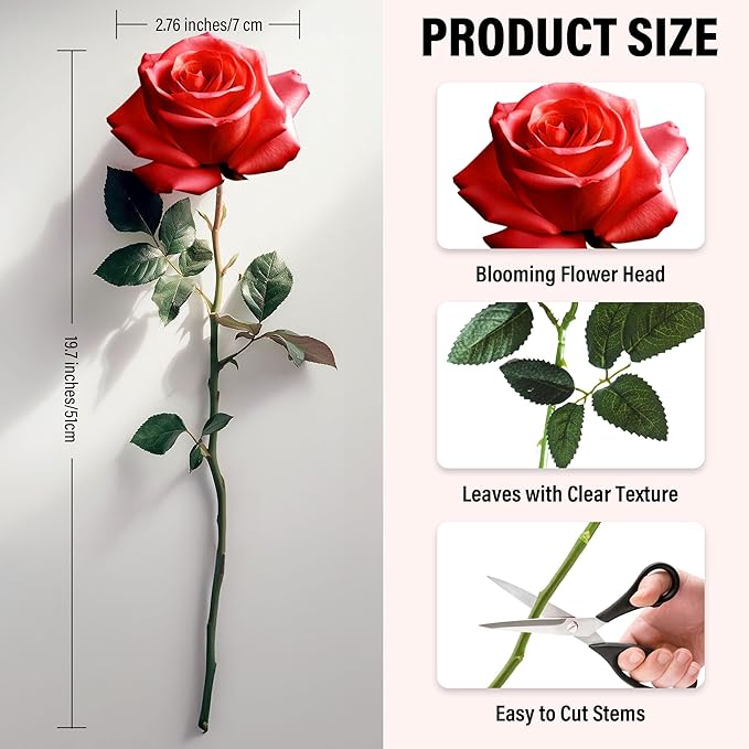 20PCS Artificial Roses with Long Stems - Realistic Silk Flowers, Fake Roses Real Touch Bouquet of Roses for Home Decor, Bridal Wedding Party Table Centerpieces, Bulk Faux Rose Flowers (Red)