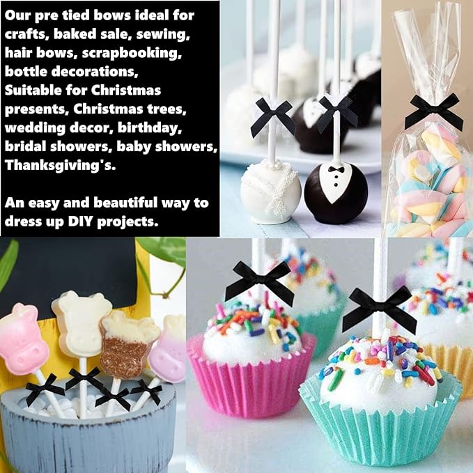 50 PCS 3 Inch Black Twist Bows for Treat Bags, Satin Twist Tie Bows, Pre Tied Bows with Wire, Ribbon Bows with Twist Ties, Bow Ties for Gift Bags, Popcorn Bags, Cookie Bags, Party Favors