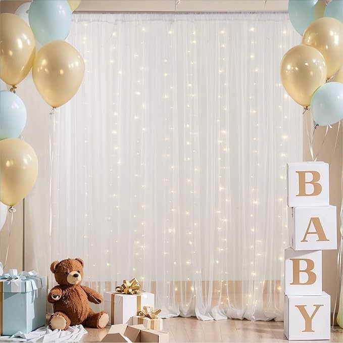PARTISKY 10x8ft White Tulle Backdrop Curtain with Lights String for Parites, Sheer Backdrop Curtains for Wedding Baby Shower Birthday Party Photo Shoot Decorations