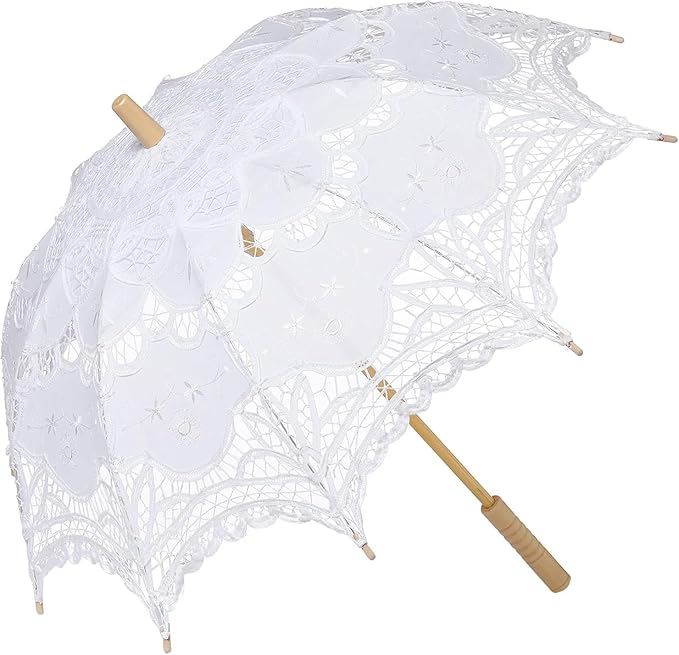 Lace Parasol Umbrella 32 Inch – Victorian Style Bridal Wedding Sunshade for Women, Lace Umbrella for Photoshoot, Tea Party, Costume, Outdoor Decoration