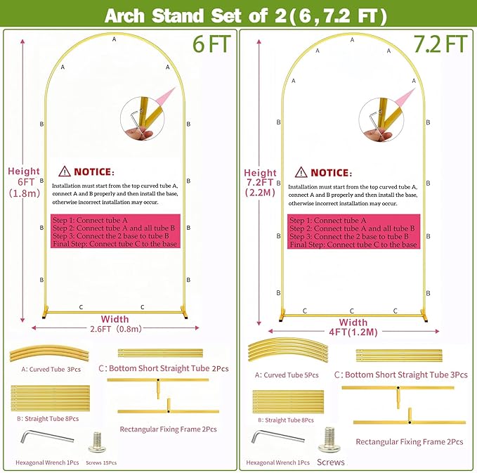 Wedding Arch Backdrop Stand Set of 2 (7.2FT, 6FT),Gold Metal Arch Backdrop Stand,Balloon Arch Stand for Wedding Ceremony Baby Shower Outdoor Indoor Birthday Party Graduation Decoration