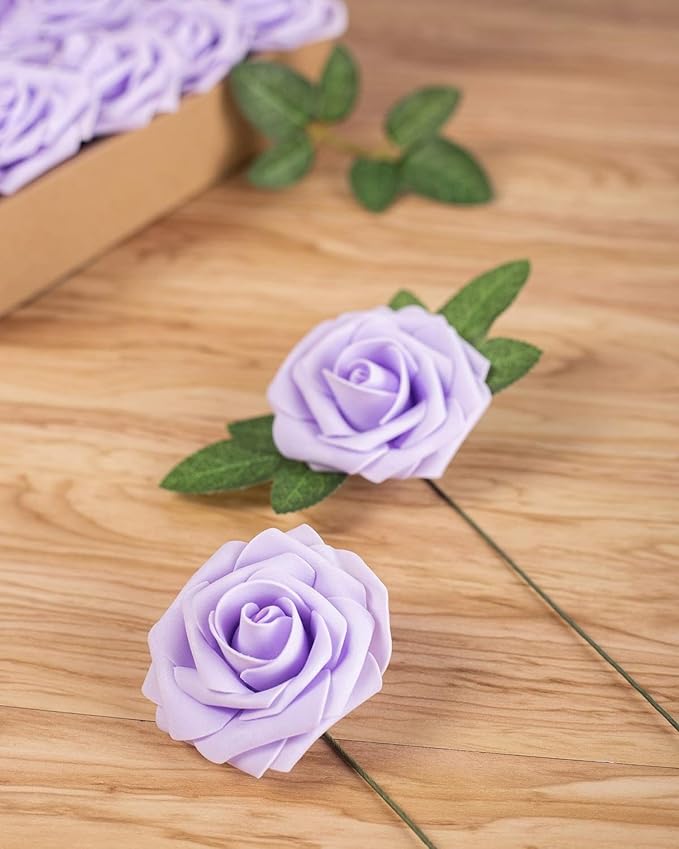 Artificial Flower Foam Rose 25pcs Real Looking Fake Rose with Stems Leaves for Home Decoration Party Garden Centerpieces DIY Wedding Bouquets（Violet）