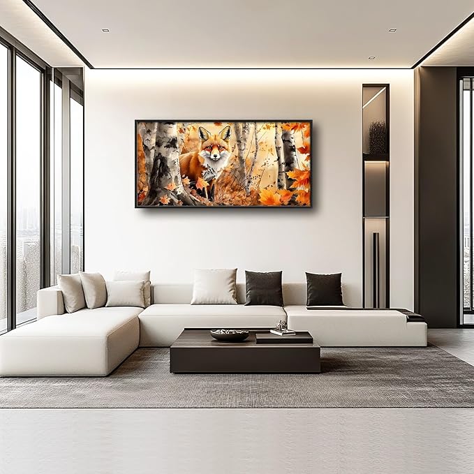 Large Fall Fox Wall Art for Living Room, Framed Oversized Autumn Forest Wall Decor Tree Maple Leaves Canvas Painting Modern Artwork for Living Room Bathroom Bedroom Office Dining Room 60"x30"