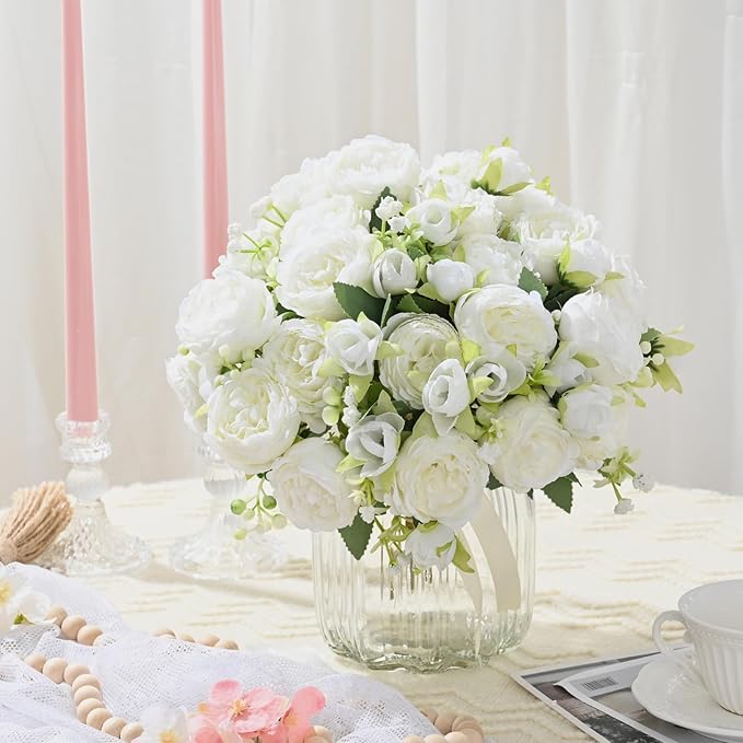 MARTINE MALL 12 Packs Peonies Artificial Flowers, White Artificial Peonies, Silk Peonies Flowers Fake Peonies Artificial Flowers Peonies Bouquet for Centerpiece Table Wedding Party Home Decor