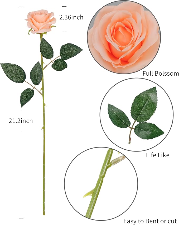 DuHouse 10pcs Fake Roses Artificial Silk Flowers Long Stems Bouquet for Arrangement Wedding Centerpiece Party Home Kitchen Decor(Peach Fuzz-a)