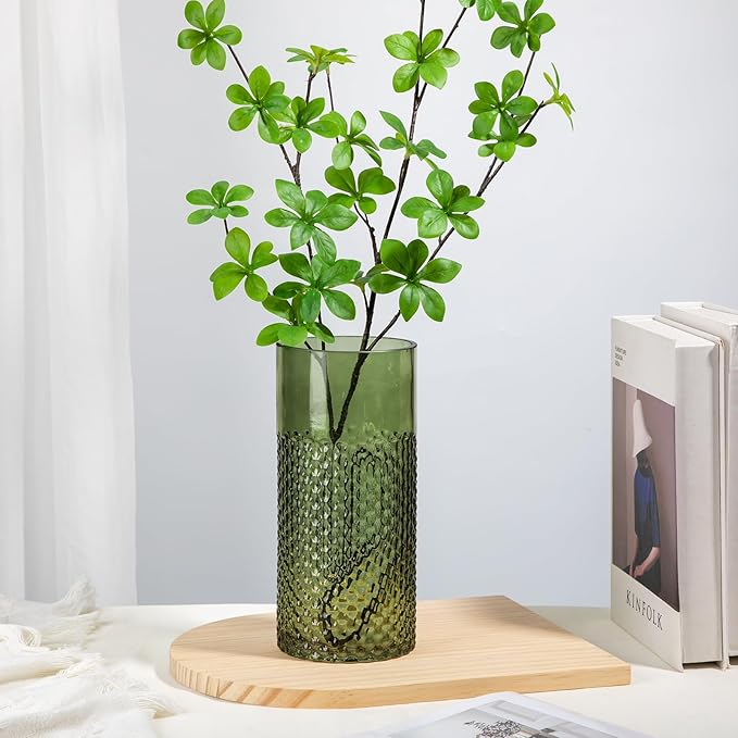 Sage Green Vase Glass Cylinder Vase, 8.7" H x 4" W Flower Vases Decorative Modern Wide Mouth Vase Bubble Glass Vases for Centerpieces Mantel Shelf Table Home Decor