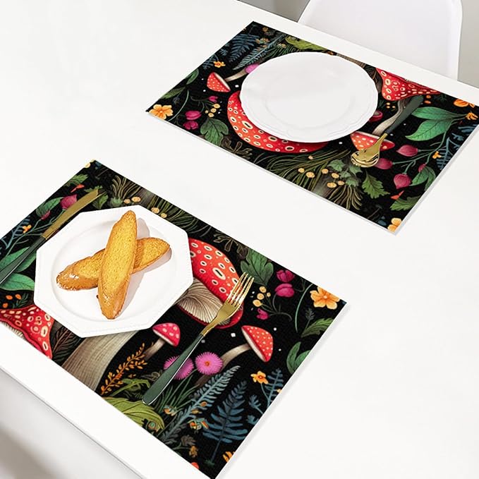 Placemats Set of 4 Waterproof Oilproof Table Mats Mushroom Pattern Washable Wipeable Heat Resistant Easy to Clean for Indoor Outdoor Party Kitchen Dining Table Decoration 12 * 18in