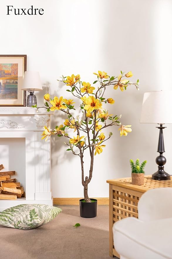 Artificial Magnolia Tree 4.9 ft - with 27 Pcs Yellow Flowers Artificial - Tall Artificial Plants Indoor, Faux Indoor Plants Perfect Potted Magnolia Flower Decor for Living Room, Stairs, Shop, Porch