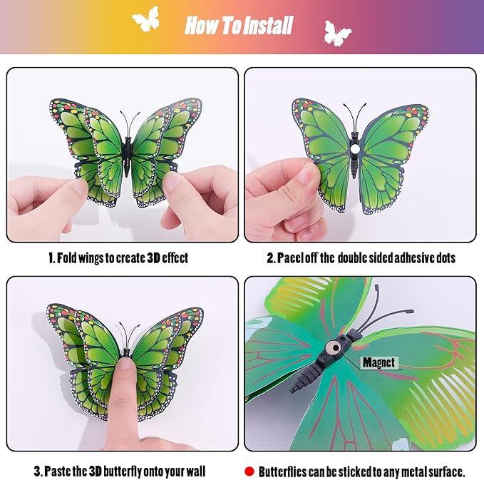 SAOROPEB 3D Butterfly Wall Decor, 72 Pcs Double Layer Butterfly Decorations for Party Decorations Locker Decor Refrigerator Decal, Reusable (Green)