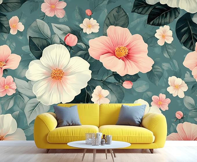 Vintage Hibiscus Flower Wall Mural, Romantic Floral 3D Wall Murals, Botanical Bloom Design Wallpaper Mural, for Living Room Bedroom Large Wallpaper Indoor Decor 78.7" W x55.1 H