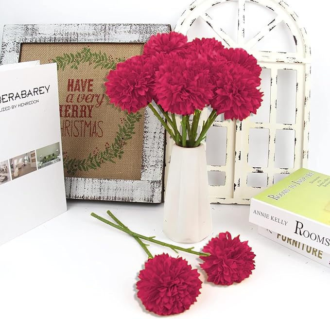 Tinsow 12Pcs Artificial Chrysanthemum Flowers Faux Bright Red Ball Flowers Burgundy Fall for Christmas Autumn Farmhouse Home Decoration (12,Bright Red)