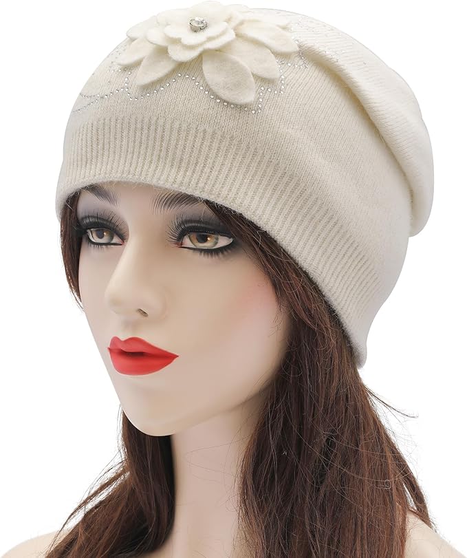 ZLYC Women Floral Slouchy Beanie Hat Double Layer Winter Knit Skull Cap