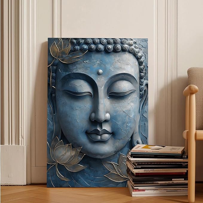 Canvas wall art Golden lotus crown Serene Buddha poster Ethereal blue toned art with delicate floral decor Zen wall art for a tranquil meditation space 8x12in Frameless