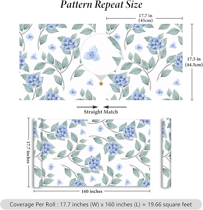 Blue Floral Peel and Stick Wallpaper Boho Hydrangea Floral Contact Paper for Cabinets Drawers 17.7"x160" Prepasted Watercolor Flower Wall Paper Blue and White Botanical Wallpaper for Bedroom