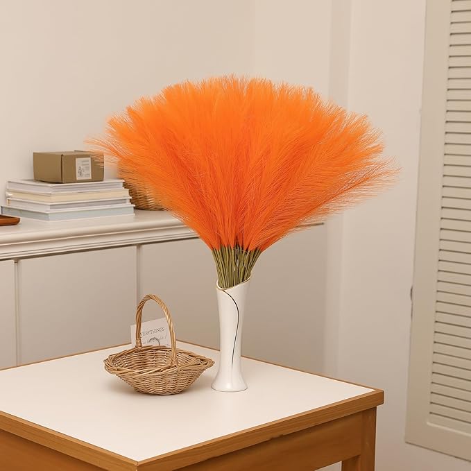 Faux Orange Pampas Grass - 60 pcs 24 Inch Artificial Pampas Grass Decor, Tall Pampas Grass for Floor Vase, Table Centerpieces, Wedding, Party and Living Room Decor (Orange, 60 Pieces)