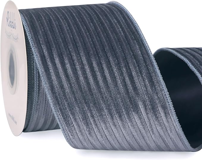 Ribbli Glossy Dusty Blue Velvet Wired Ribbon 4 Inch Striped Velvet Christmas Ribbon for Gift Wrapping Christmas Tree Decoration Crafts Wreaths Supplies-Continuous 10 Yards