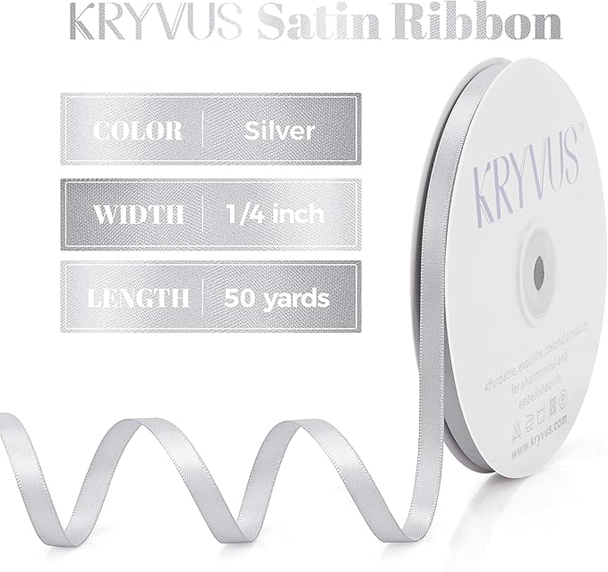 Silver Satin Ribbon, Double Faced 1/4 Inch X 50 Yards Silver Ribbon, Premium Satin Ribbon for Gift Wrapping, Crafts, Hair Bow Making, Sewing, Flower Bouquet, Wedding Party Decor
